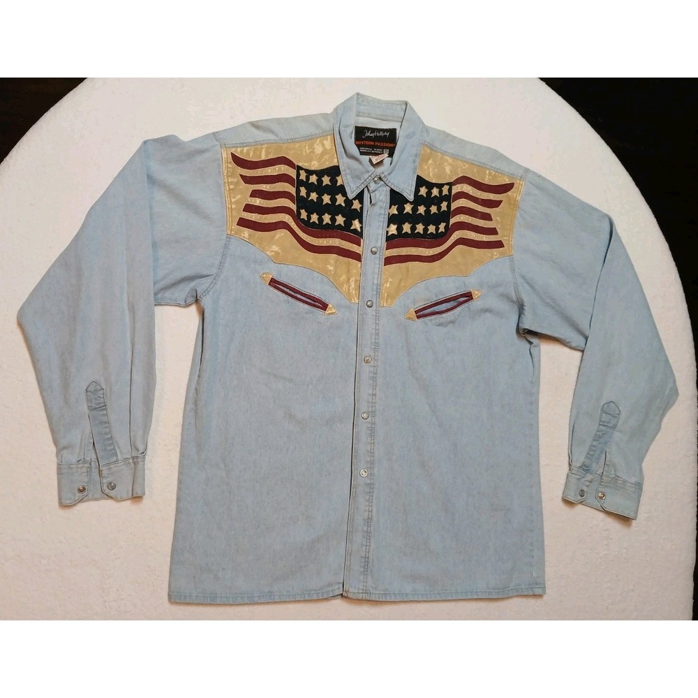 Vtg 90s Johnny Hallyday Western Passion Denim Pearl Snap Shirt L American Flag